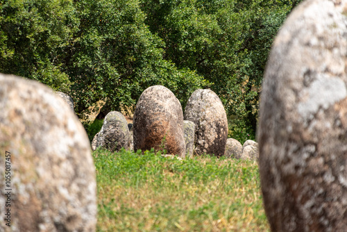 Well preserved stone age cromlech of Almendres near Evora in Portugal photo