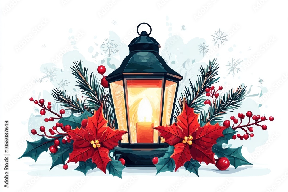 Festive Christmas Lantern Glowing in 2D Illustration Style on White Background - Holiday Decoration and Warm Light Concept Festive Christmas Lantern Glowing in 2D Illustration Style on White Background - Holiday Decoration and Warm Light Concept