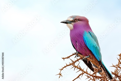 A vibrant lilac-breasted roller bird perched on a thorny branch against a clear blue sky.