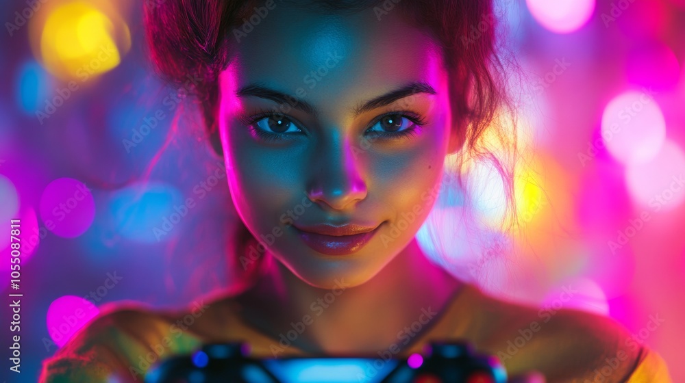 Fototapeta premium A woman with a yellow shirt is holding a video game controller