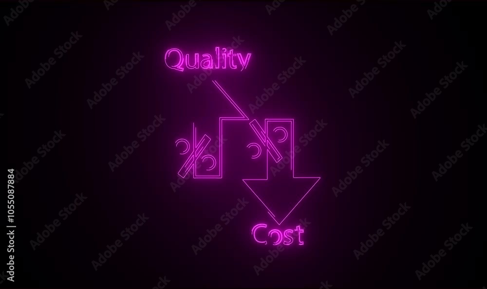 Quality control and company cost reduction. Cost and quality control concept with black color background. Percentage icon of quality with up arrow and cost with down arrow. Quality control and company cost reduction. Cost and quality control concept with black color background. Percentage icon of quality with up arrow and cost with down arrow.