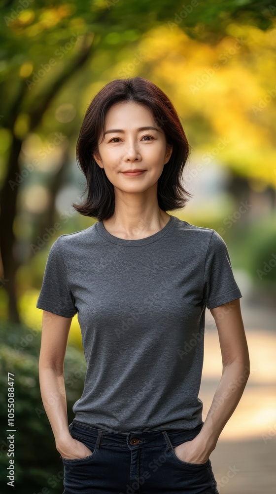 A mature Asian model stands confidently outdoors in a grey T-shirt under warm light A mature Asian model stands confidently outdoors in a grey T-shirt under warm light