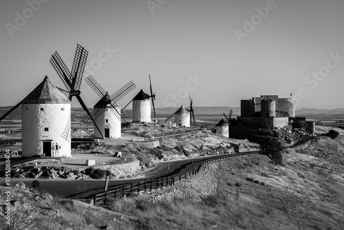 Iconic historic windmills in Consuegra at sunrise, known from Cervantes novel Don Quichotte