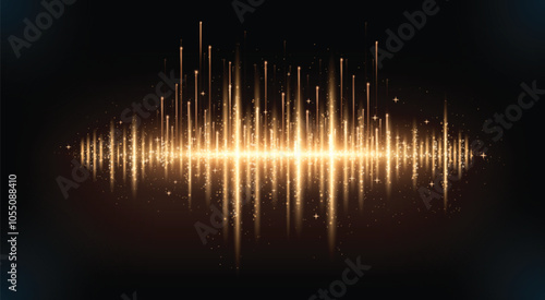 Gold line light with glitter glow abstract effect. Golden vertical flare with neon beam sparkle and particle burst vector bg. Laser string on black background. Shiny fiber data or sound banner design