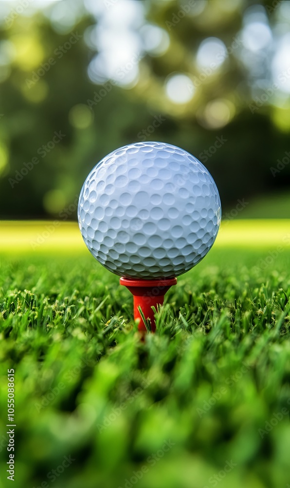 A white golf ball sits on a red tee, ready to be hit. The ball is in the foreground, with green grass and a blurred background of trees. A white golf ball sits on a red tee, ready to be hit. The ball is in the foreground, with green grass and a blurred background of trees.