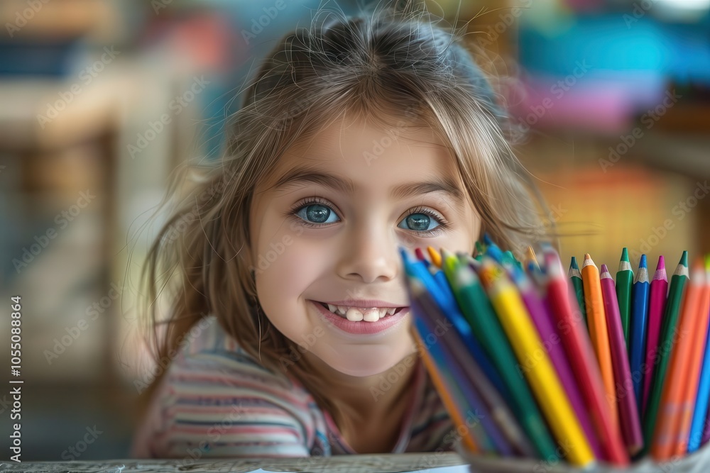 Smiling girl with colored pencils, happy expression, bright classroom setting. Smiling girl with colored pencils, happy expression, bright classroom setting.
