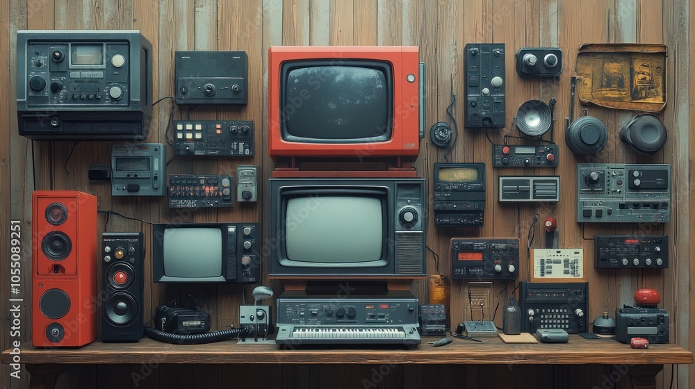 Fototapeta premium Vintage electronics display with various audio and visual devices.