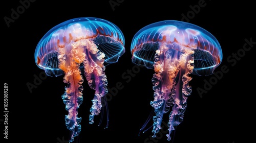 Two vibrant jellyfish illuminated against a dark background, showcasing their ethereal beauty.