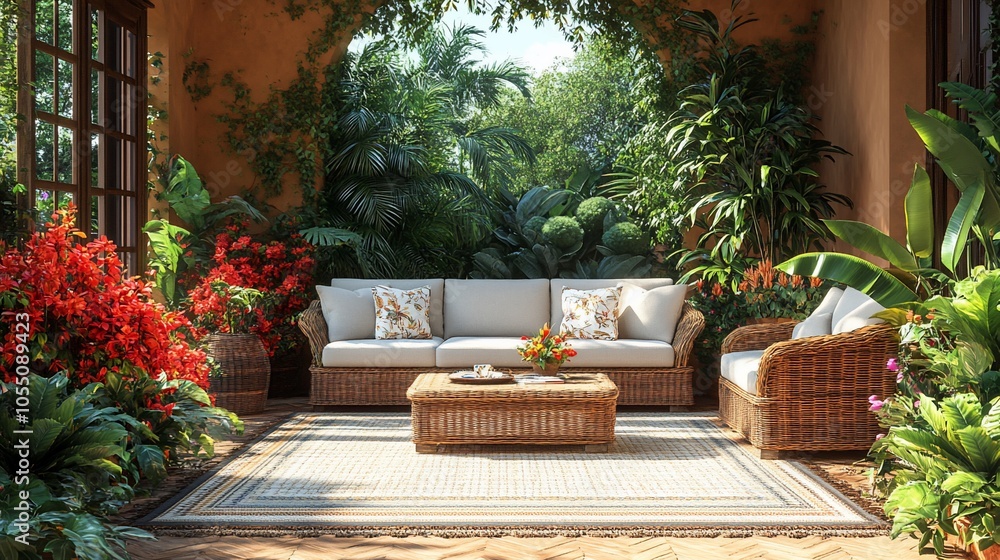 A serene outdoor seating area surrounded by lush greenery and vibrant flowers.