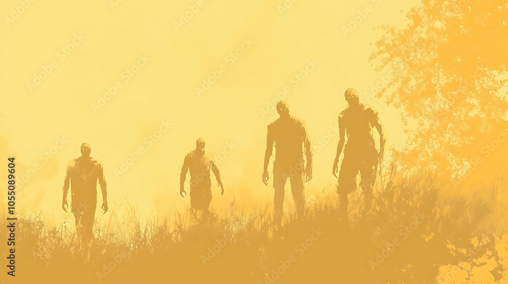 Halloween muted yellow vector background with faint zombie silhouettes Halloween muted yellow vector background with faint zombie silhouettes