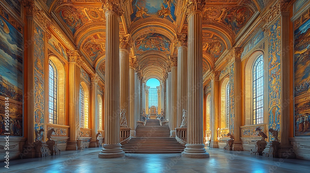 Grand interior of a church with a long aisle lined with columns, a marble staircase leading to the altar, and stained glass windows. Grand interior of a church with a long aisle lined with columns, a marble staircase leading to the altar, and stained glass windows.