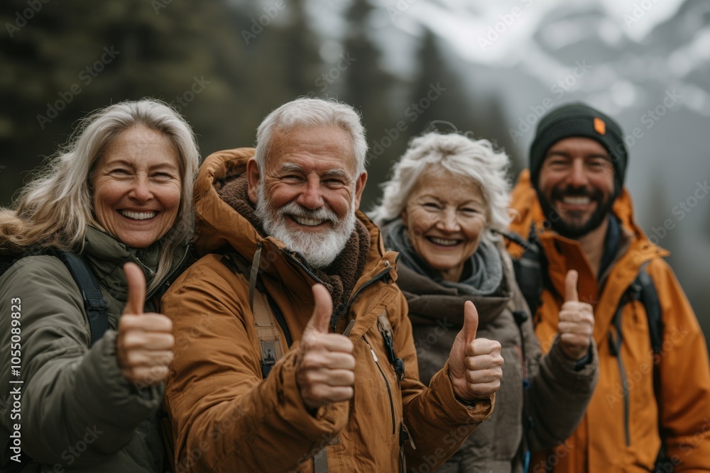 Smiling woman and ma with glasses and a thumbs up gesture is surrounded by a group of people. Concept of positivity and unity among the group. A group of happy elderly people giving thumbs up Smiling woman and ma with glasses and a thumbs up gesture is surrounded by a group of people. Concept of positivity and unity among the group. A group of happy elderly people giving thumbs up
