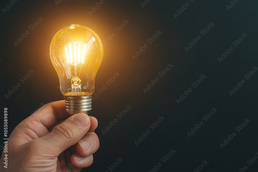 Hand holding a glowing light bulb against a dark background. Hand holding a glowing light bulb against a dark background.