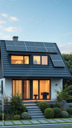 Smart home with solar panels rooftop system for renewable energy solar panel Ultra realistic Photorealistic 