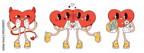 Groovy heart characters set isolated on white background. Contemporary vector cartoon illustration of y2k love mascot in devil costume, holding gift and flowers, couple hugging, Valentine Day symbol
