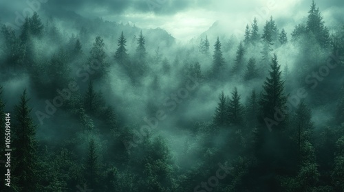 Misty forest landscape with dense trees and mountains in the background.