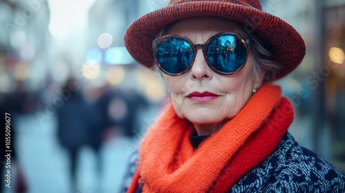 stylish elderly woman, wearing a modern chic outfit with bold colors, sleek sunglasses, fashionable hat, standing confidently in an urban street. Background is a bustling city with blurred lights