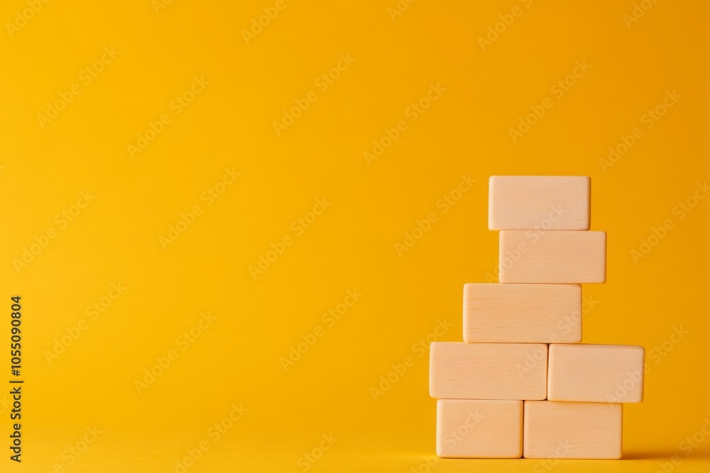 Wooden blocks stacked against a vibrant yellow background. Wooden blocks stacked against a vibrant yellow background.