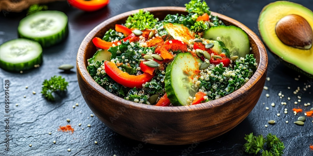 Close up of a wooden bowl with a fresh salad of quinoa, kale, cucumber, red pepper and pumpkin seeds, with half an avocado in the background. Close up of a wooden bowl with a fresh salad of quinoa, kale, cucumber, red pepper and pumpkin seeds, with half an avocado in the background.