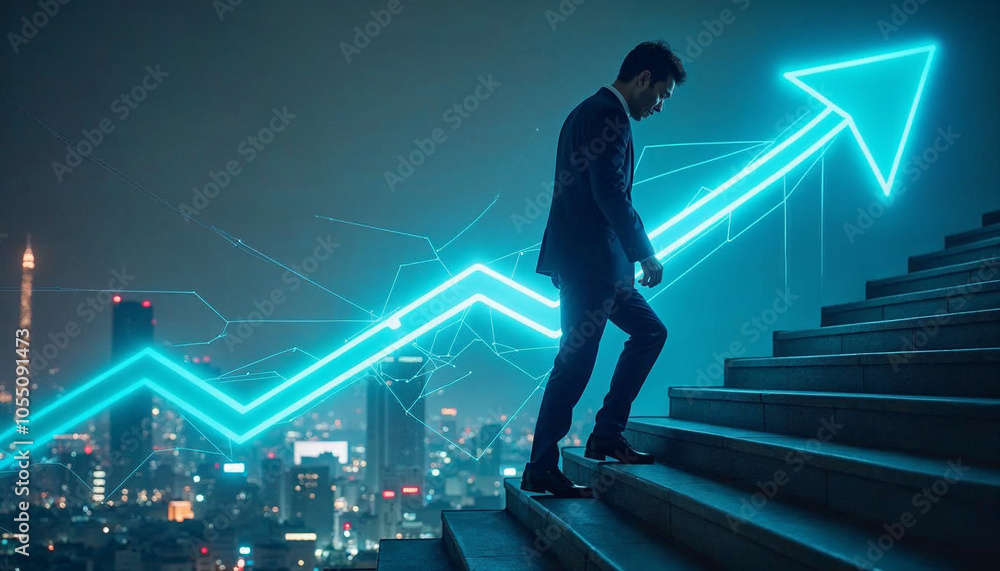 Businessman in a dark suit and tie climbs a staircase lit by ambient lights with Bangkok's skyline at night in the background layered with double exposure of bright blue arrows Businessman in a dark suit and tie climbs a staircase lit by ambient lights with Bangkok's skyline at night in the background layered with double exposure of bright blue arrows