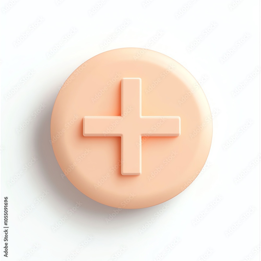 Peach-colored circular button with a plus sign, isolated on a white background. Peach-colored circular button with a plus sign, isolated on a white background.