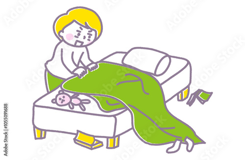 起き抜けした寝具を整えている人のイラスト（パステル）
