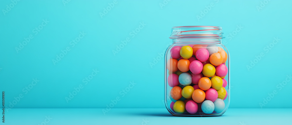 A glass jar filled with colorful gumballs, set against a bright turquoise background, creating a cheerful and playful atmosphere. A glass jar filled with colorful gumballs, set against a bright turquoise background, creating a cheerful and playful atmosphere.