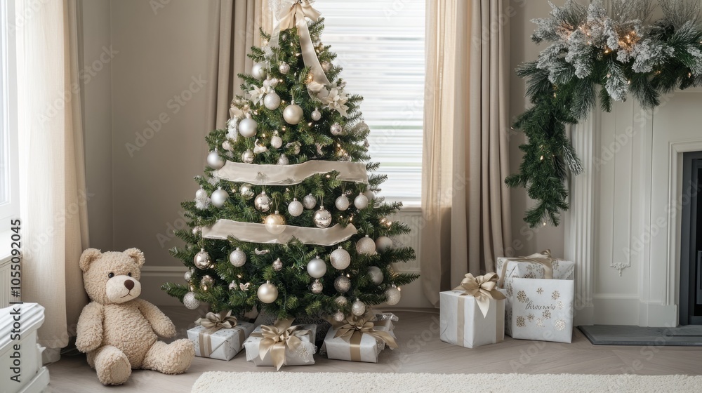 A Christmas tree with a teddy bear on the floor in front of it A Christmas tree with a teddy bear on the floor in front of it