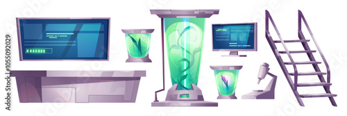 Futuristic laboratory equipment set for spacecraft. Large monitors with data, test tubes with glowing substances and plants, metal upward stairs , scientific microscope. space exploration experiments.