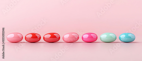 A row of colorful candy-coated chocolates displayed on a soft pink background, showcasing vibrant colors and glossy textures. Perfect for sweet treats. photo