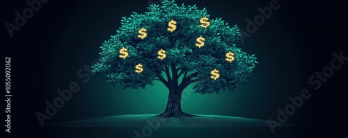 A conceptual illustration of a money tree with dollar signs on branches, set against a dark background.