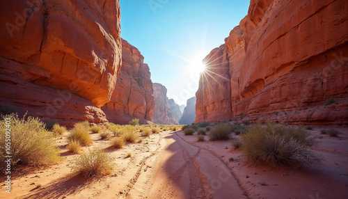 Sandstone canyons of page Arizona with towering rock structures in rich reds and golds light filtering dramatically into the canyon depths highlighting the texture of the rocks