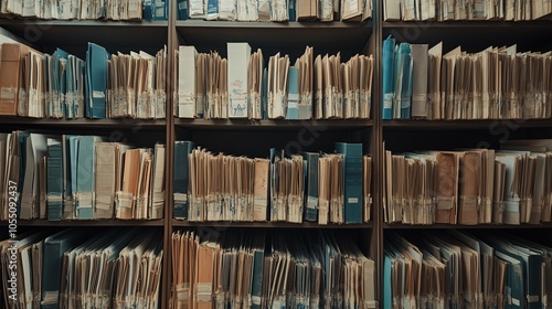 Wall full of old archive medical records on the shelves.