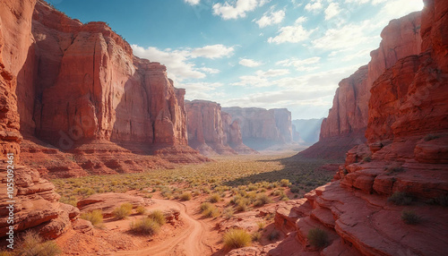 The striking sandstone canyons of page Arizona with towering rock structures in rich reds and golds light filtering dramatically into the canyon depths highlighting the texture of the rocks