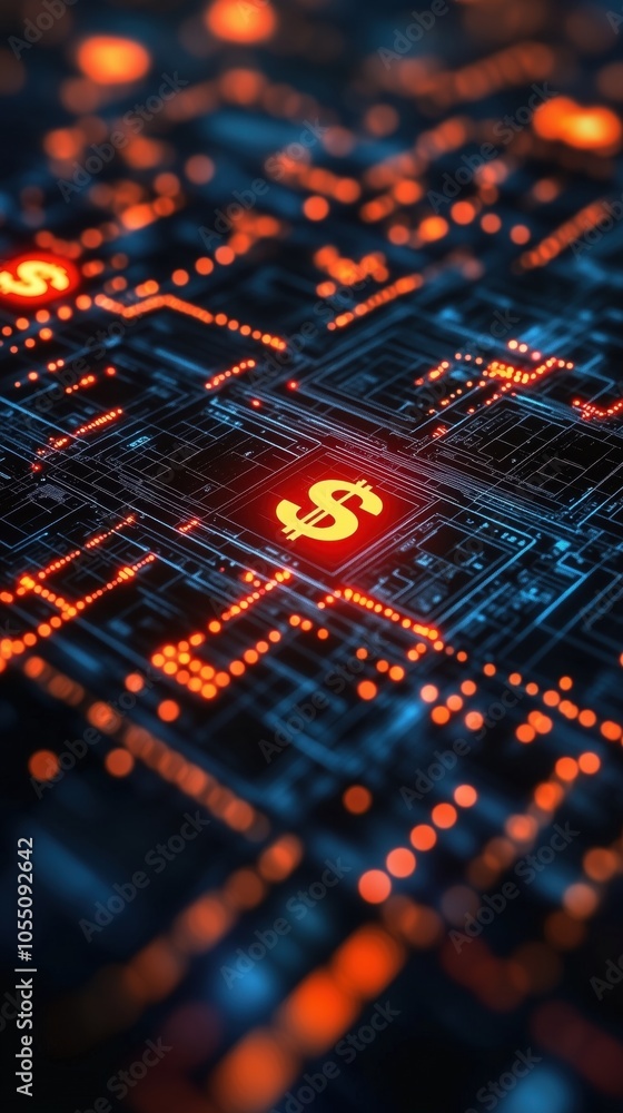 Abstract digital currency concept with glowing dollar signs on a circuit board. Abstract digital currency concept with glowing dollar signs on a circuit board.