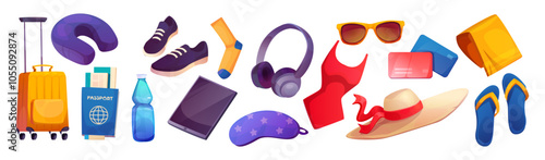 Travel stuff set isolated on white background. Vector cartoon illustration of male and female vacation accessories, flight tickets, passport and map, suitcase, credit cards, summer holidays baggage