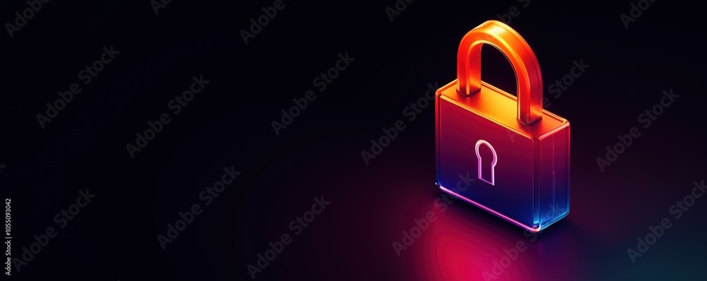 Colorful glowing padlock symbolizing security and protection on a dark background. Colorful glowing padlock symbolizing security and protection on a dark background.