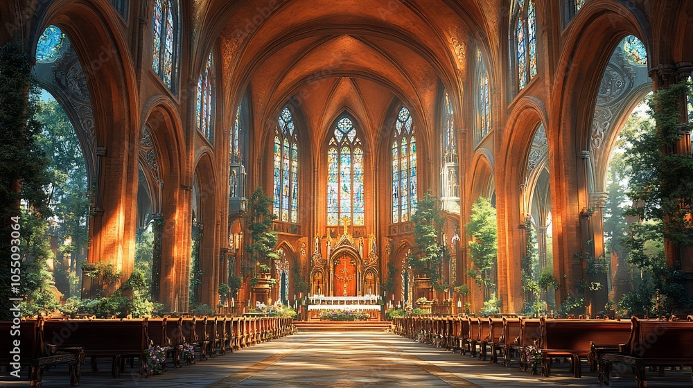 Fototapeta premium A grand cathedral interior with stained glass windows, wooden pews, and sunbeams streaming through the arched windows.