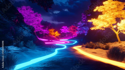A winding neon path through a surreal, neon-lit forest at night.