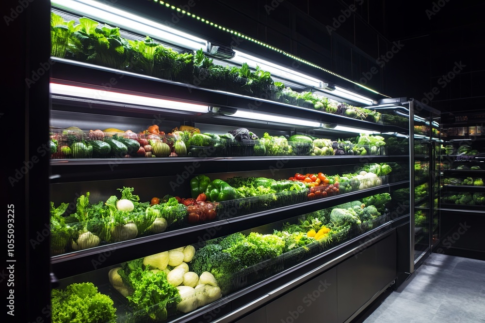 Fresh produce displayed in a refrigerated grocery store display case. Fresh produce displayed in a refrigerated grocery store display case.
