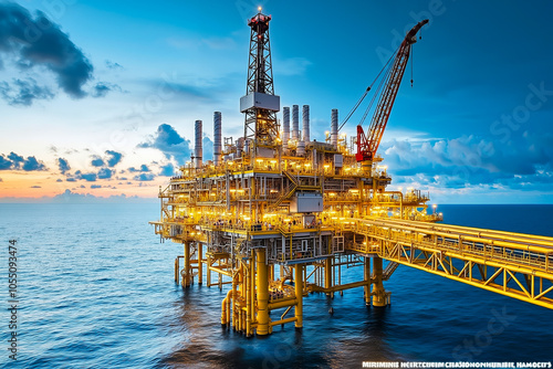 A large offshore oil platform with a crane and pipes, illuminated against a sunset sky