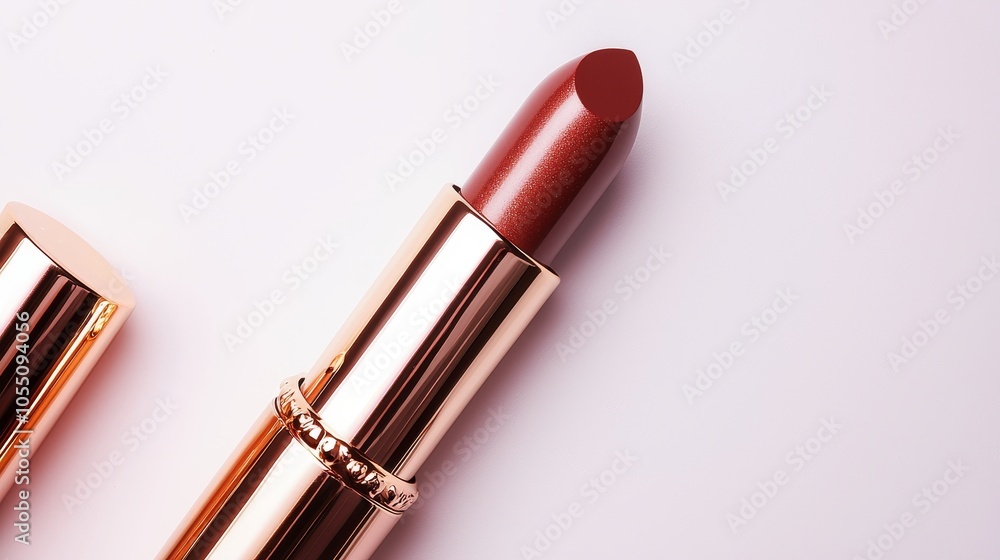 A luxurious lipstick in metallic finish and gold cap, showcased on a white background, with a soft deep red hue enveloping the scene A luxurious lipstick in metallic finish and gold cap, showcased on a white background, with a soft deep red hue enveloping the scene