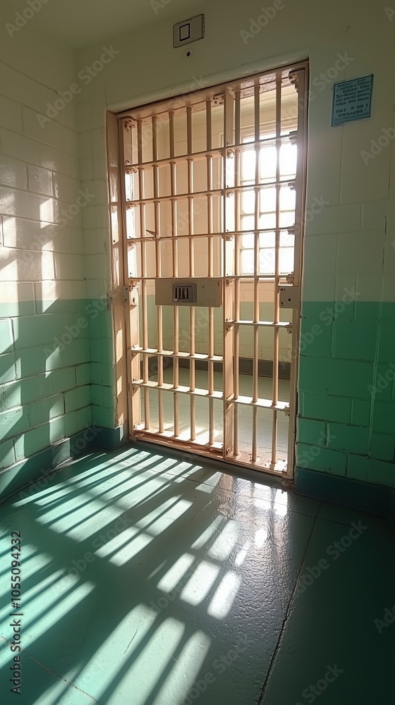 Prison cell door with shadows, interior view showcasing confinement. Prison cell door with shadows, interior view showcasing confinement.