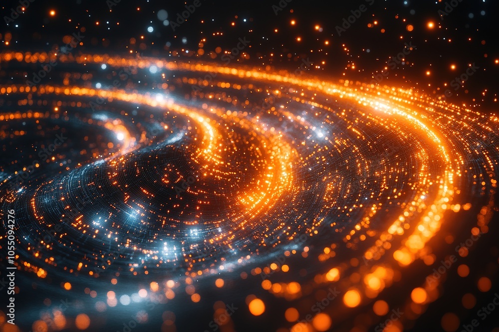 Abstract swirling pattern of glowing particles in blue and orange. Abstract swirling pattern of glowing particles in blue and orange.