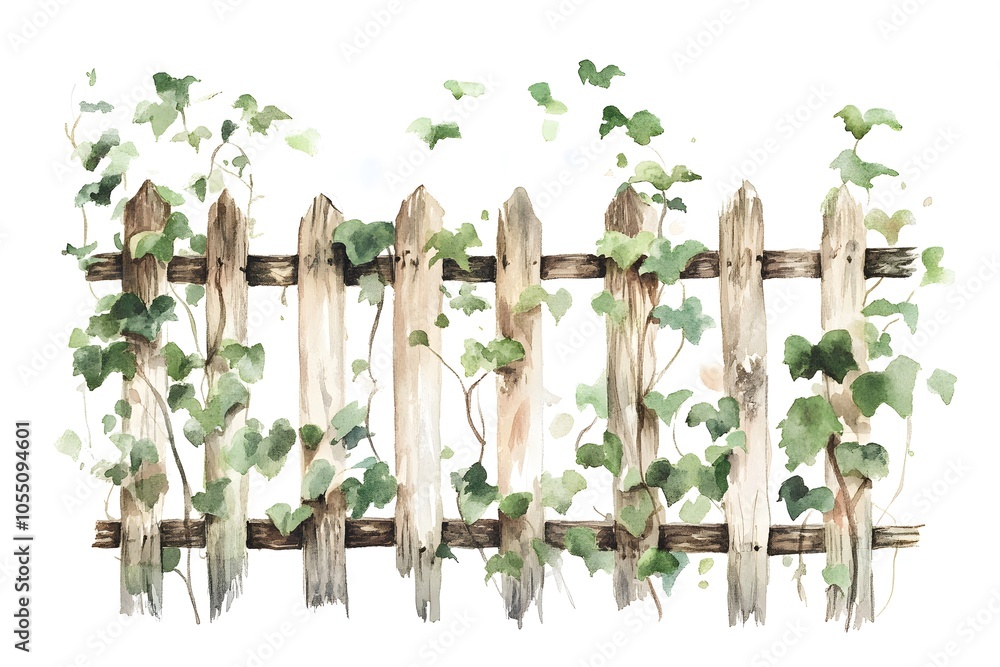 Obraz premium A fence made of wooden boards on a background of green grass and pink flowers. Wooden fence painted in watercolor. Wooden fence isolated on a white background. 