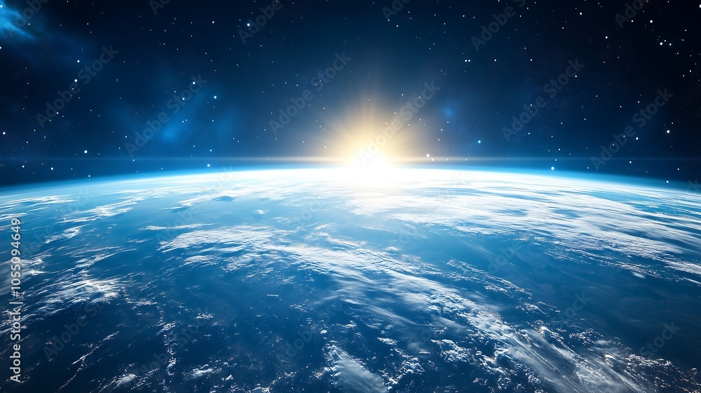 Fototapeta premium View of the Earth from space, sun rising on its horizon, blue tones, wide shot.