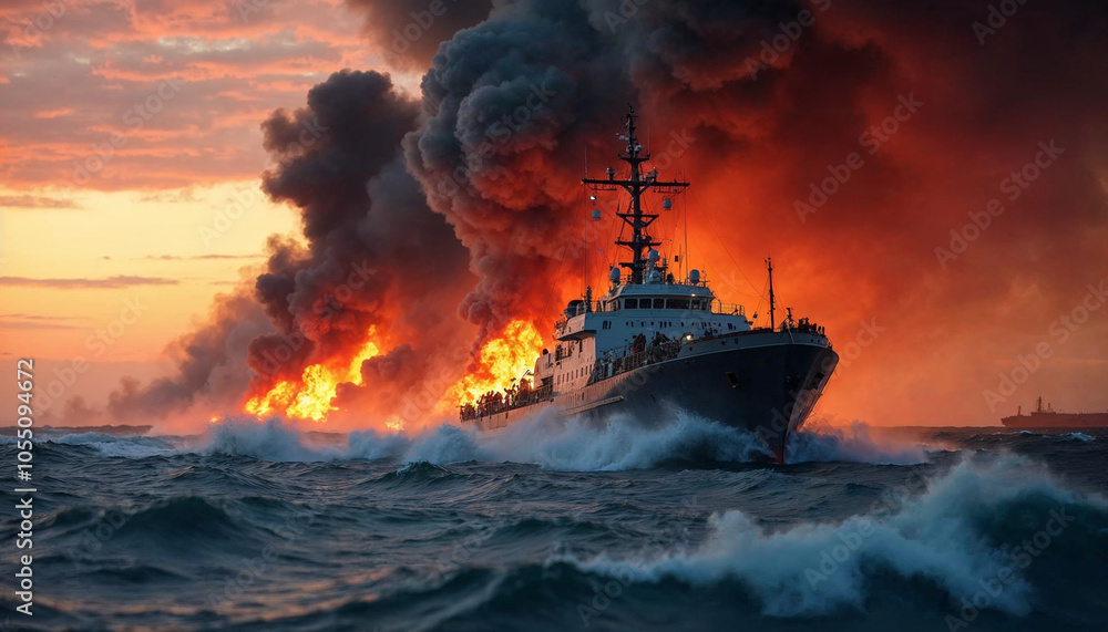 A ship navigates turbulent waters near a massive fire, embodying resilience amidst chaos.
A ship navigates turbulent waters near a massive fire, embodying resilience amidst chaos.