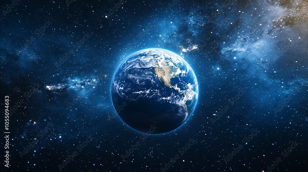 Background image of the Earth in space, with blue tones, blue colors and stars around it, cinematic still. Background image of the Earth in space, with blue tones, blue colors and stars around it, cinematic still.