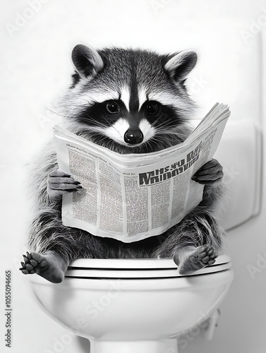 a raccon on the toilet reading newspaper