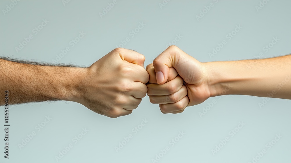 Two hands making a fist bump against a soft, neutral background. Two hands making a fist bump against a soft, neutral background.
